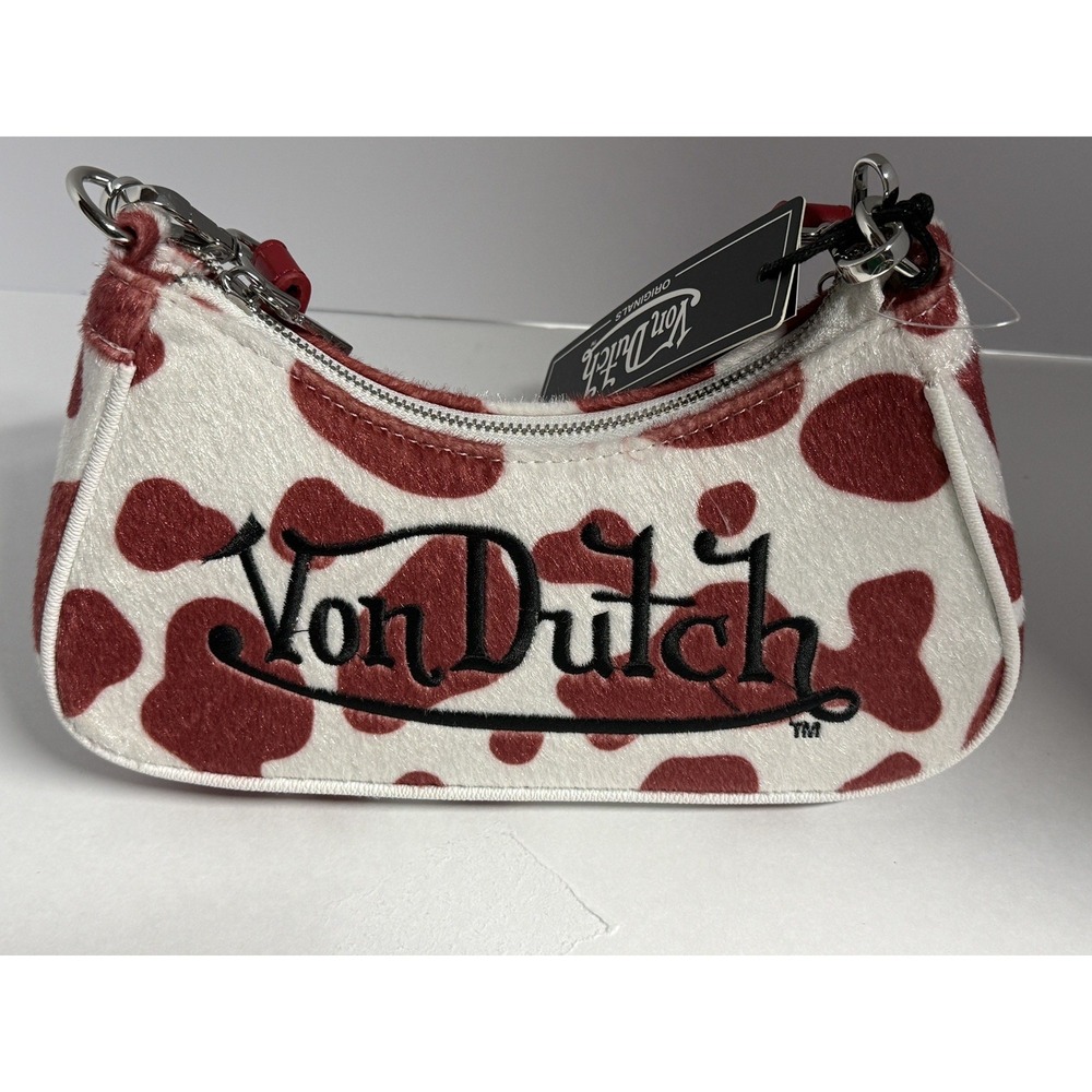 Von Dutch Red White Cow Print Faux Fur Shoulder Bag Chain Charms NWT Y2K Purse
